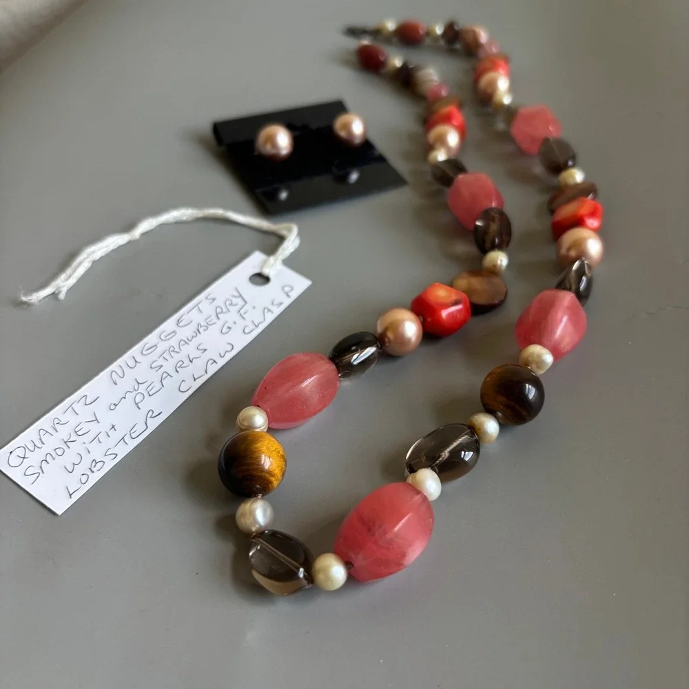 Matching Earring and Necklace Set. Handmade, imitation pearls and‎ quartz